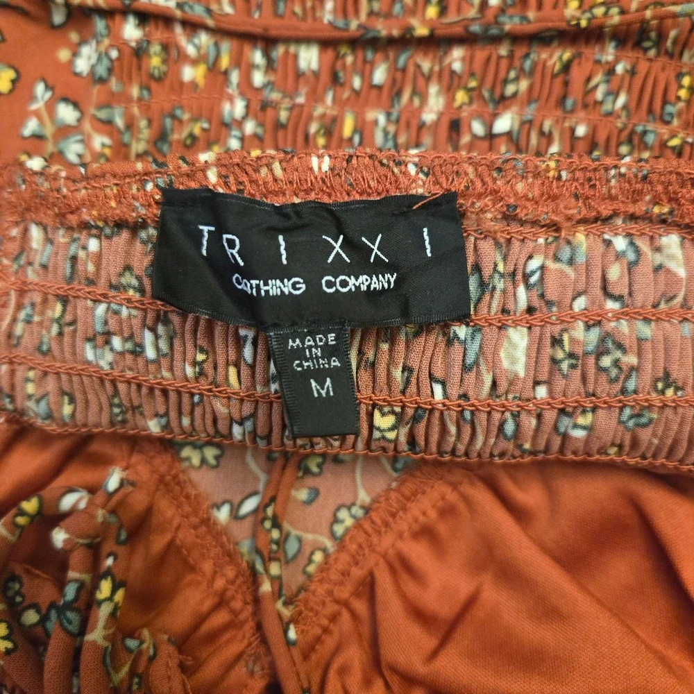 Trixxi Floral Puff Sleeve Mini Dress Rust Orange M Cottagecore Boho Romantic - Picture 7 of 12